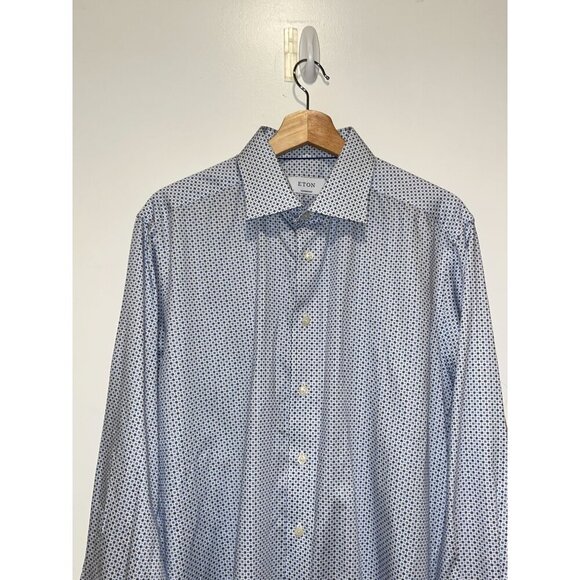 Eton Blue Patterned 100% Cotton Long Sleeve Button-Up Shirt Men's 43- 17 - Picture 9 of 10